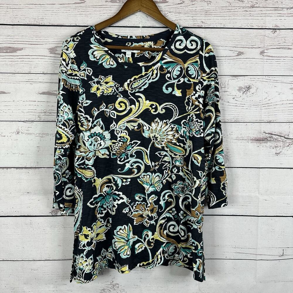 Chicos Shirt Top Womens Large Blue Floral Costal Vibrant Basic Casual